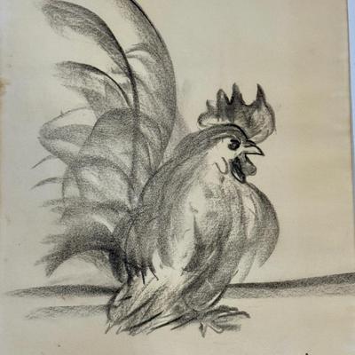 Original Charcoal or Pastel Drawing of a Rooster drawn on Paper signed M