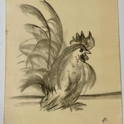 Original Charcoal or Pastel Drawing of a Rooster drawn on Paper signed M