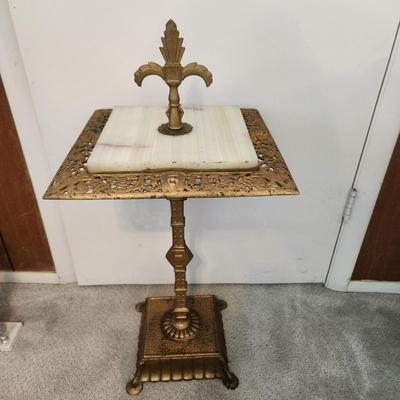 Antique Rembrandt Art Deco Cast Iron Marble Onyx Heavy Smoking Stand Table 14x14x24"H + (7") Finial