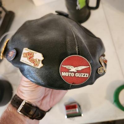 Black Leather Motorcycle Hat with Collectible Pins for 80's ,Moto Guzzi, Ford 1933 34 model 40, Triumph, AMA Pins, and others