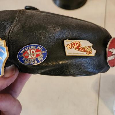 Black Leather Motorcycle Hat with Collectible Pins for 80's ,Moto Guzzi, Ford 1933 34 model 40, Triumph, AMA Pins, and others