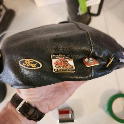 Black Leather Motorcycle Hat with Collectible Pins for 80's ,Moto Guzzi, Ford 1933 34 model 40, Triumph, AMA Pins, and others