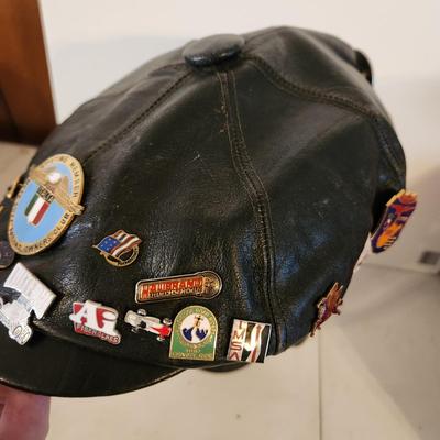 Black Leather Motorcycle Hat with Collectible Pins for 80's ,Moto Guzzi, Ford 1933 34 model 40, Triumph, AMA Pins, and others