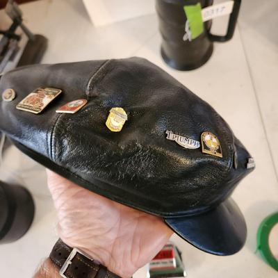 Black Leather Motorcycle Hat with Collectible Pins for 80's ,Moto Guzzi, Ford 1933 34 model 40, Triumph, AMA Pins, and others
