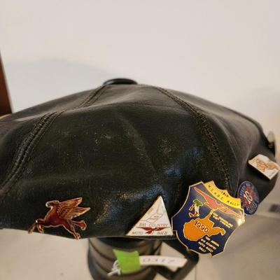 Black Leather Motorcycle Hat with Collectible Pins for 80's ,Moto Guzzi, Ford 1933 34 model 40, Triumph, AMA Pins, and others