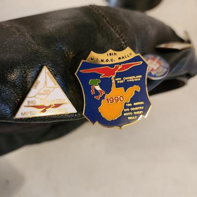Black Leather Motorcycle Hat with Collectible Pins for 80's ,Moto Guzzi, Ford 1933 34 model 40, Triumph, AMA Pins, and others