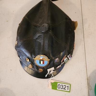 Black Leather Motorcycle Hat with Collectible Pins for 80's ,Moto Guzzi, Ford 1933 34 model 40, Triumph, AMA Pins, and others