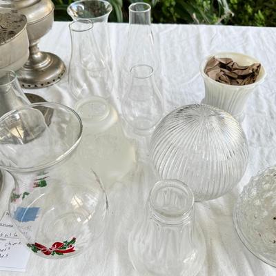 Antique oil lamps, chimneys, burners, wicks