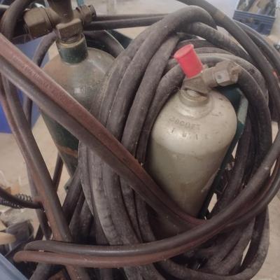 Miller 225V Arc Welder with Torch and Acetylene Tanks, Gauges, Cart, and Welding Accessories