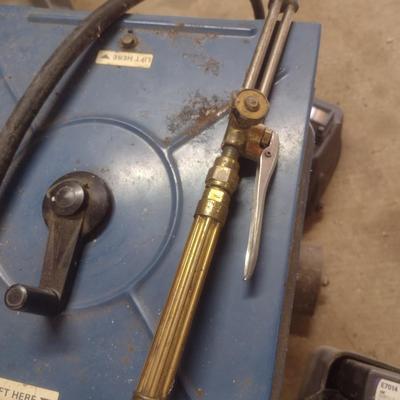 Miller 225V Arc Welder with Torch and Acetylene Tanks, Gauges, Cart, and Welding Accessories