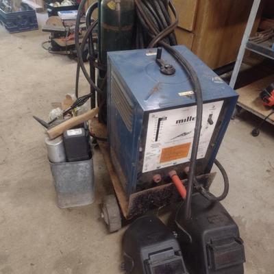 Miller 225V Arc Welder with Torch and Acetylene Tanks, Gauges, Cart, and Welding Accessories
