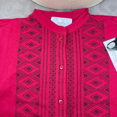 New Red Button down Embroidered Knit Top L