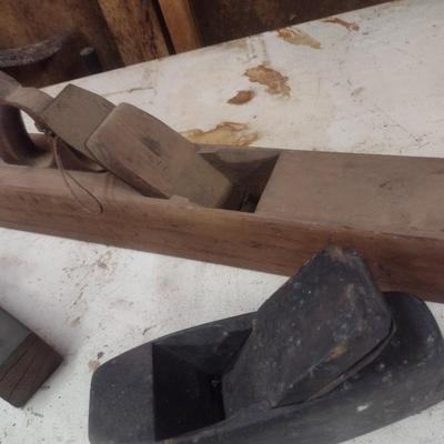 Collection of Antique and Vintage Wood Shaping Tools Includes Hand Planes and Draw Knife
