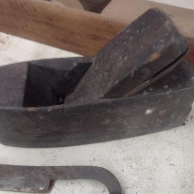 Collection of Antique and Vintage Wood Shaping Tools Includes Hand Planes and Draw Knife