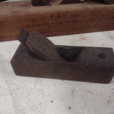 Collection of Antique and Vintage Wood Shaping Tools Includes Hand Planes and Draw Knife