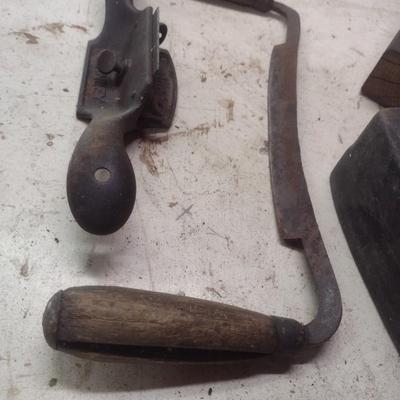 Collection of Antique and Vintage Wood Shaping Tools Includes Hand Planes and Draw Knife