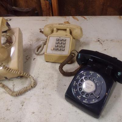 Set of Three Vintage Land Line Telephones Rotary Dial and Push Dial