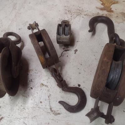 Collection of Vintage Various Sized Barn Pulleys Choice A