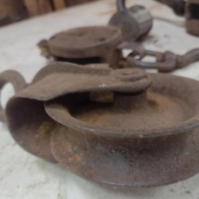 Collection of Vintage Various Sized Barn Pulleys Choice A