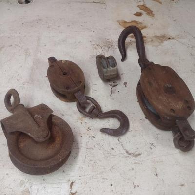 Collection of Vintage Various Sized Barn Pulleys Choice A