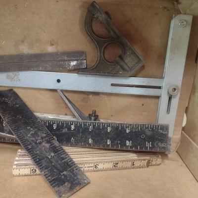 Collection of Vintage Carpenter's Measuring Tools and Squares