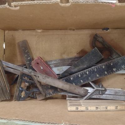Collection of Vintage Carpenter's Measuring Tools and Squares
