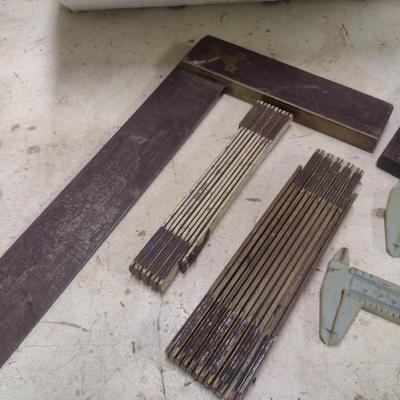 Collection of Vintage Carpenter's Measuring Tools and Squares