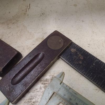 Collection of Vintage Carpenter's Measuring Tools and Squares