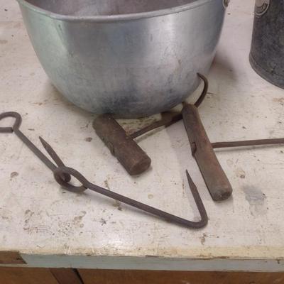 Vintage Galvanized and Aluminum Buckets and Hooks