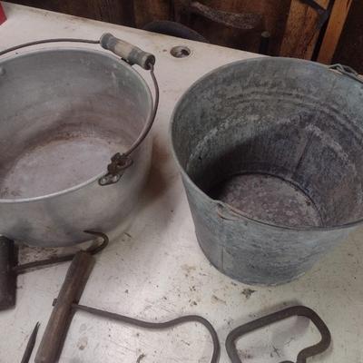 Vintage Galvanized and Aluminum Buckets and Hooks