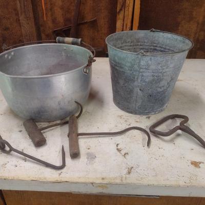 Vintage Galvanized and Aluminum Buckets and Hooks