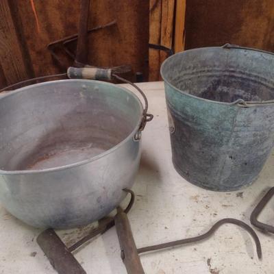 Vintage Galvanized and Aluminum Buckets and Hooks