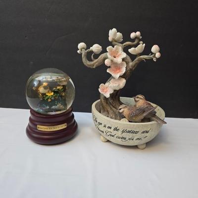 Hour of Power Sparrow water feature and a sparrow snow globe with scripture