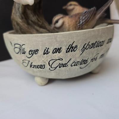 Hour of Power Sparrow water feature and a sparrow snow globe with scripture