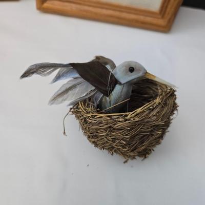 Framed Needlepoint hummingbirds - hummingbird in a nest - and a metal sundial