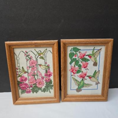Framed Needlepoint hummingbirds - hummingbird in a nest - and a metal sundial