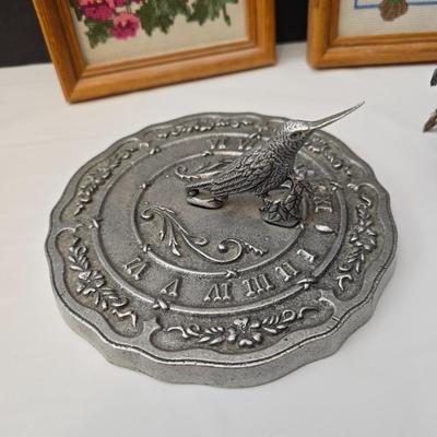 Framed Needlepoint hummingbirds - hummingbird in a nest - and a metal sundial