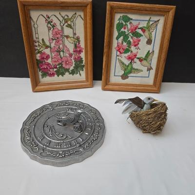 Framed Needlepoint hummingbirds - hummingbird in a nest - and a metal sundial