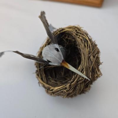 Framed Needlepoint hummingbirds - hummingbird in a nest - and a metal sundial