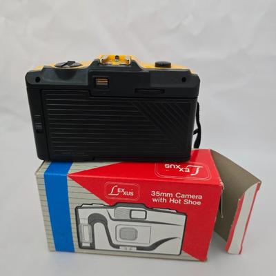 Three vintage film cameras - odak Extralite 10 = Olympus Trip 201 - NIB LexXus 35mm with Hot Shoe
