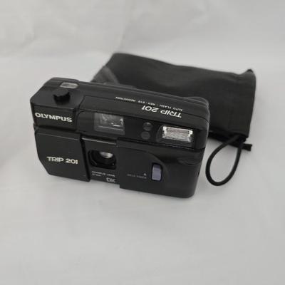 Three vintage film cameras - odak Extralite 10 = Olympus Trip 201 - NIB LexXus 35mm with Hot Shoe