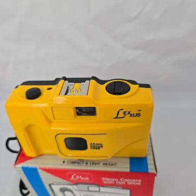 Three vintage film cameras - odak Extralite 10 = Olympus Trip 201 - NIB LexXus 35mm with Hot Shoe
