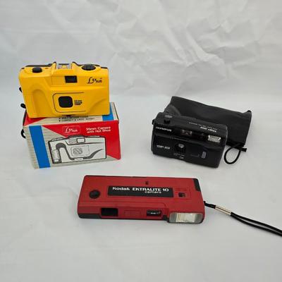 Three vintage film cameras - odak Extralite 10 = Olympus Trip 201 - NIB LexXus 35mm with Hot Shoe