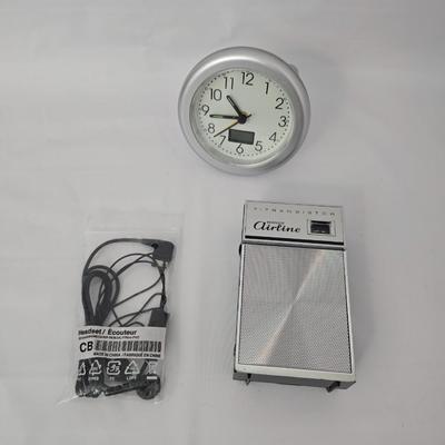 Vintage 7 transistor Wards Airline radio with headphones and a battery-operated travel alarm clock - Prepping goods!