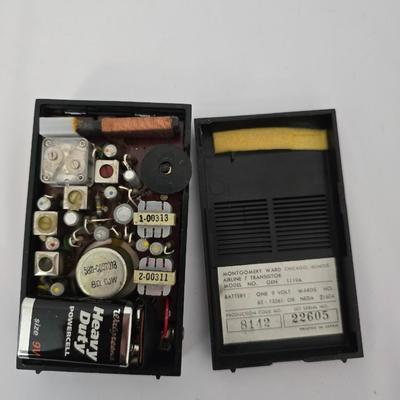 Vintage 7 transistor Wards Airline radio with headphones and a battery-operated travel alarm clock - Prepping goods!