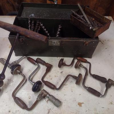 Large Collection of Vintage Brace Drills and Bits Includes Metal Toolbox