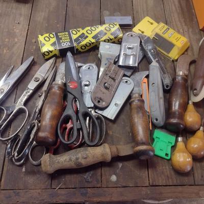 Assortment of Scrape Blades, Scissors, and Cutting Tools
