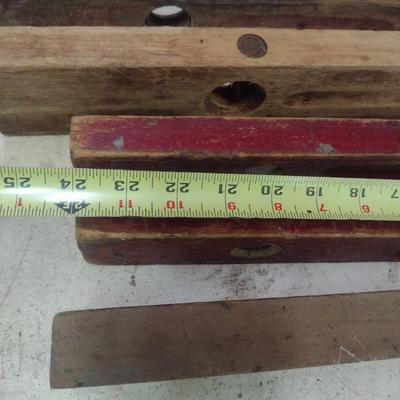 Assortment of Vintage Wood Framed Levels and Advertising Yard Sticks