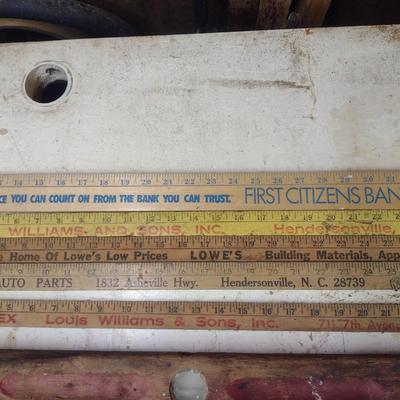 Assortment of Vintage Wood Framed Levels and Advertising Yard Sticks