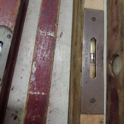 Assortment of Vintage Wood Framed Levels and Advertising Yard Sticks